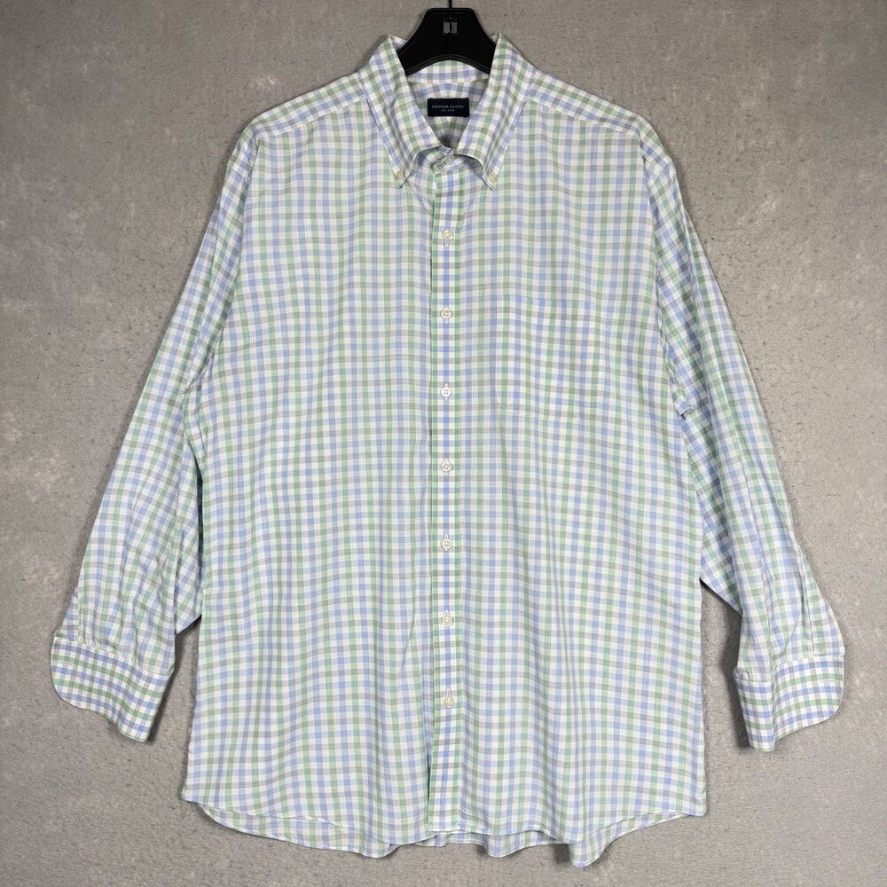 Proper Cloth Button Down Shirt Men XL Blue Green White Gingham Plaid Long Sleeve